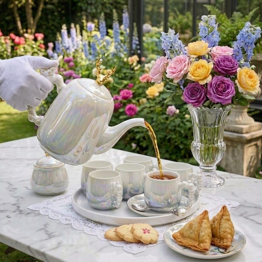 Nine piece tea set with gold deer lid accent, teapot, six cups, sugar dish, and serving tray.