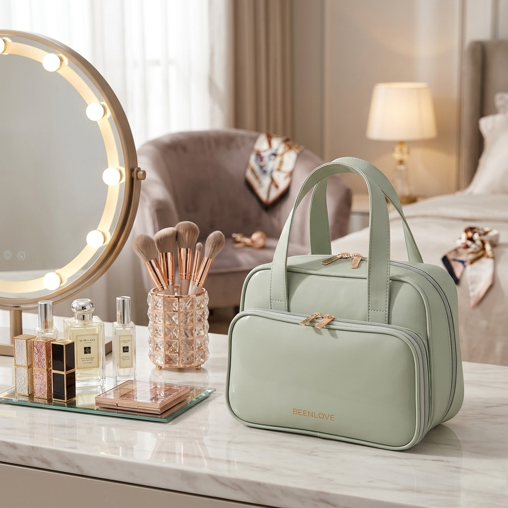 Large capacity PU cosmetic makeup bag with multiple compartments for travel and toiletry organization