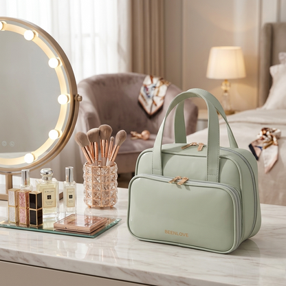 Large capacity PU cosmetic makeup bag with multiple compartments for travel and toiletry organization