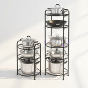 Heavy duty carbon-coated metallic kitchen organizer for storing pots and pans while saving space.