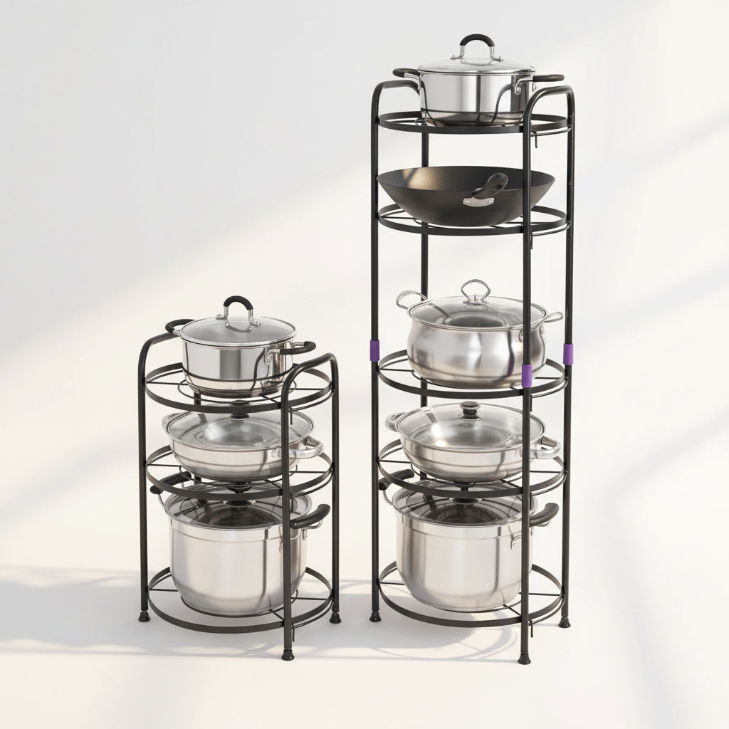 Heavy duty carbon-coated metallic kitchen organizer for storing pots and pans while saving space.