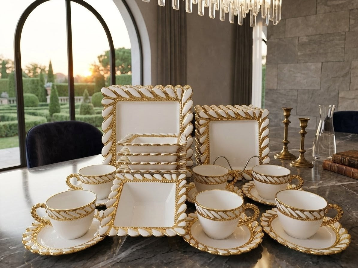 30-piece dinner set including dinner plates, side plates, bowls, cups, and saucers for complete dining table setup. 🍽️✨