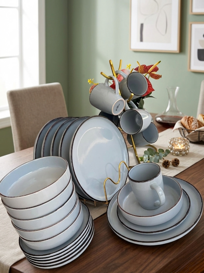 24-Piece powder blue ceramic dinner set including cups bowls side plates and plates