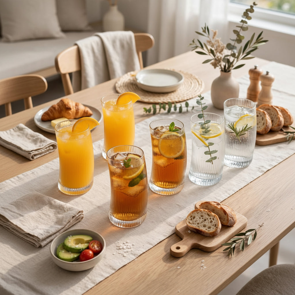 6 piece ribbed penguin horn glass set for water, juice, cocktails, and other beverages