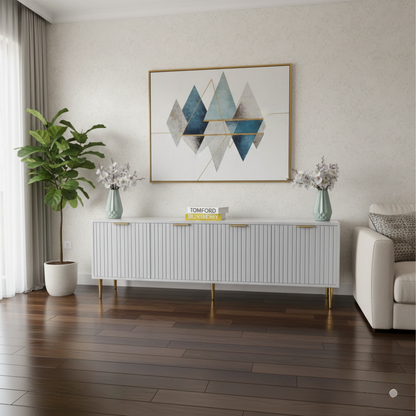 Six-foot long TV stand suitable for large televisions and media setup.