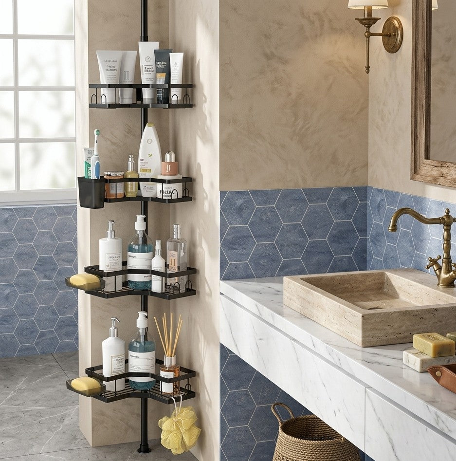 Telescopic corner bathroom organizer with adjustable height 109–290 cm and multiple shelves for storing toiletries. 🚿