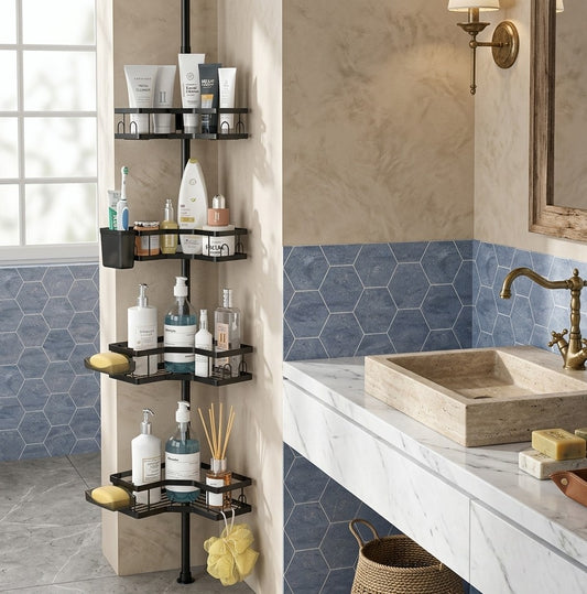 Telescopic corner bathroom organizer with adjustable height 109–290 cm and multiple shelves for storing toiletries. 🚿