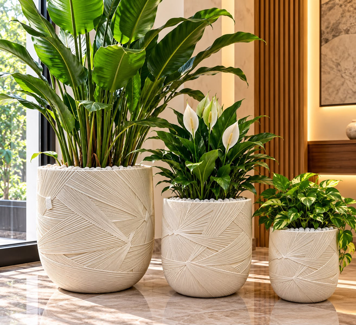 Ribbed concrete planters in three sizes: 24.5 × 24.5 × 23 cm, 35 × 35 × 31.5 cm and 48 × 48 × 41.5 cm - available in Nairobi, Kenya