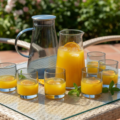 Smoky borosilicate glass jug with six matching glasses