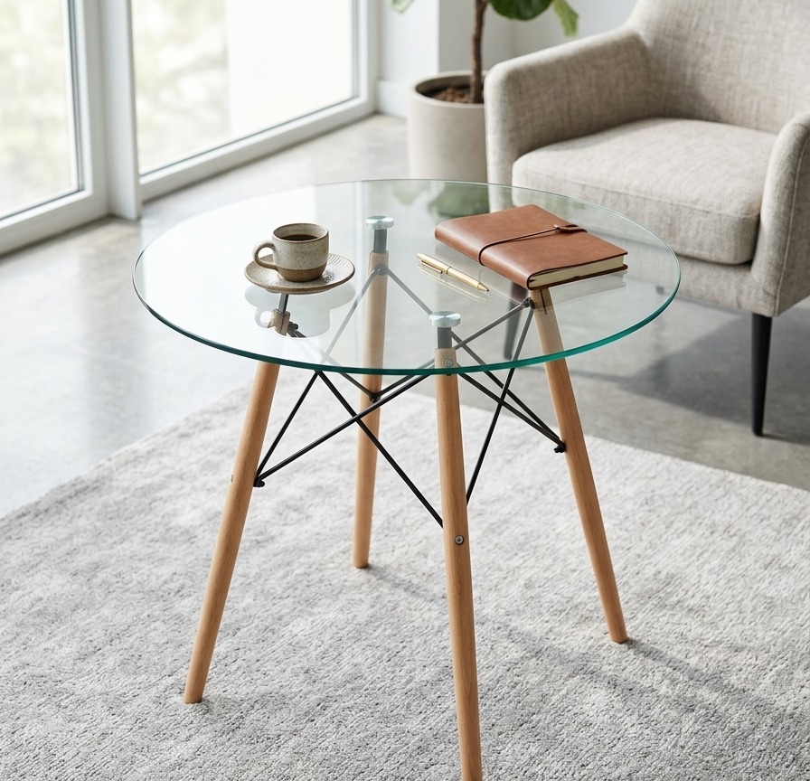 Gemelli Colllection minimalist 70cm tempered round glass table modern accent table dining coffee table sleek glass top furniture contemporary home décor small space round table balcony office café table elegant tempered glass table with durable base