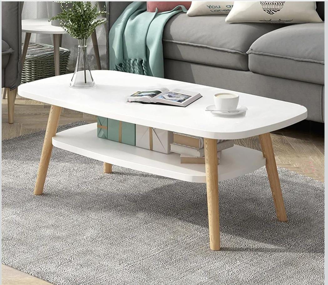 Double Layer White Wooden Coffee Table With Storage
