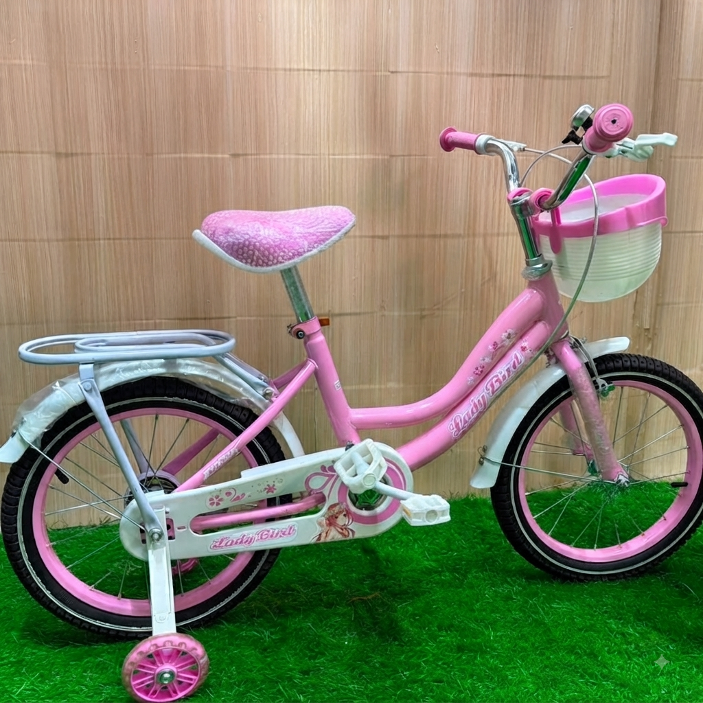 Ladybird kids bicycle with adjustable padded seat available in 12, 16, and 20 inch sizes for children aged 2 to 12 years.