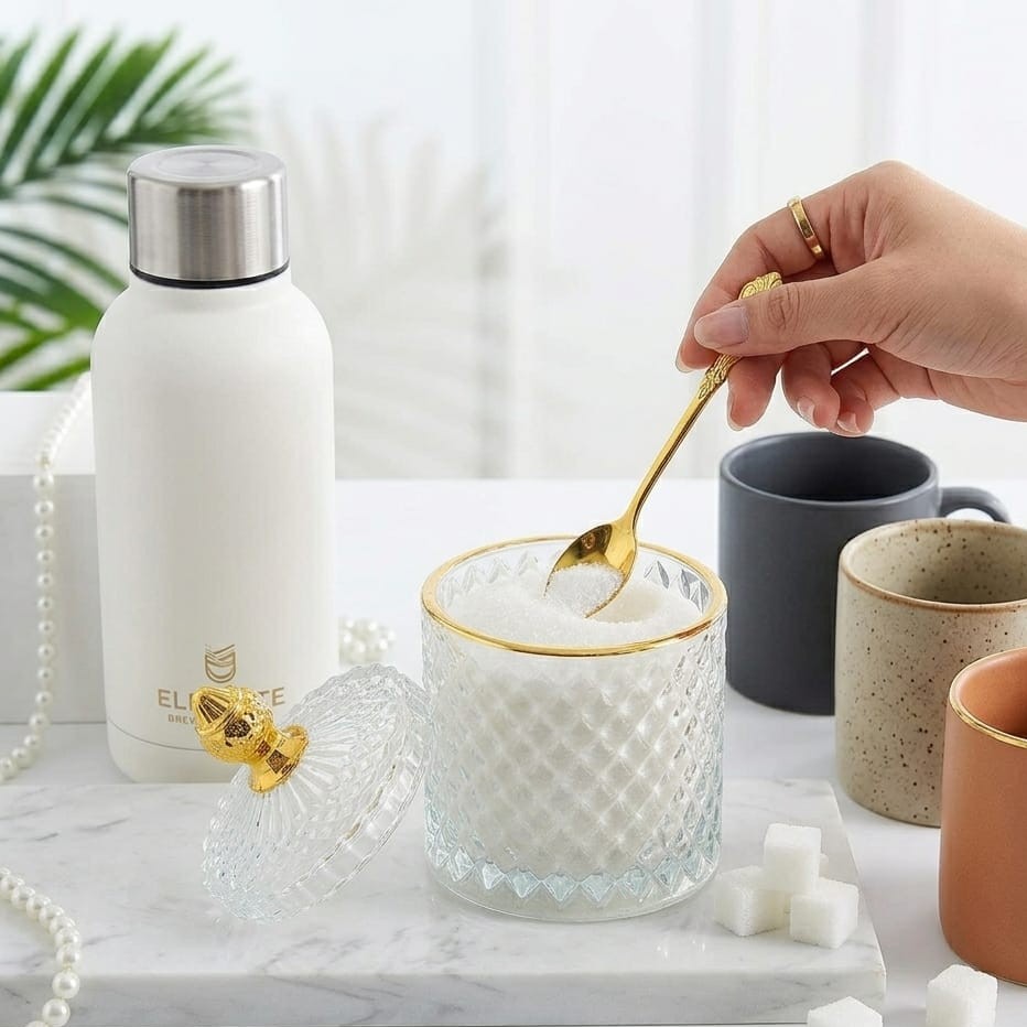 Glass Sugar Dish White with Gold Touch 350ML