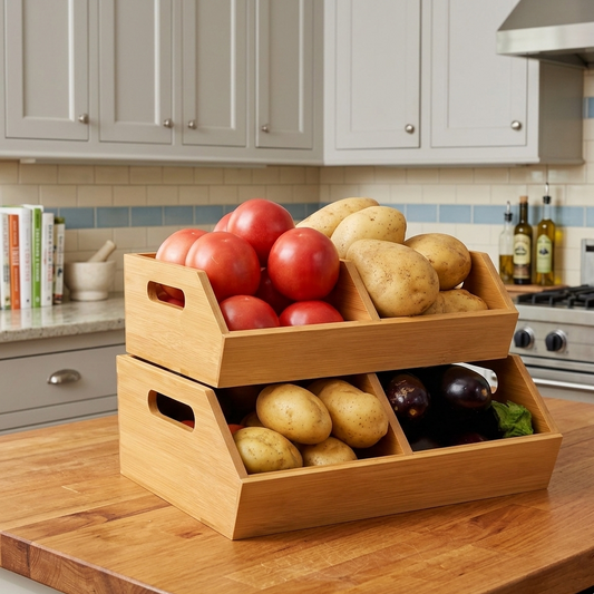 Bamboo pantry organizer storage bin with removable divider for kitchen organization and dry food storage