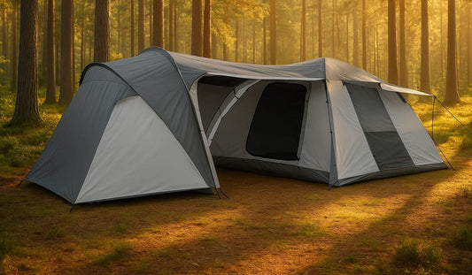 Large 3-in-1 family camping tent with two bedrooms and a central living room, designed for 6–10 people and outdoor adventures. 🏕️
