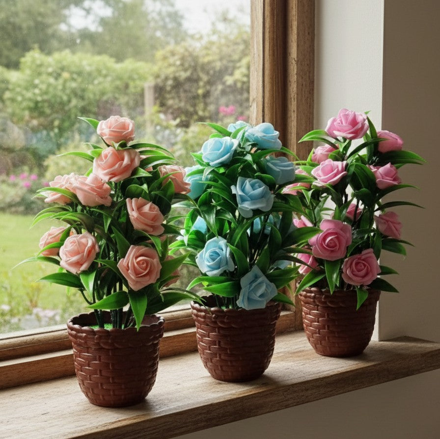 artificial plastic rose flower potted plant for home or office décor