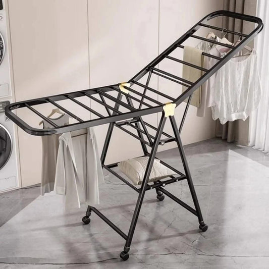 Foldable black clothes drying rack with wheels for indoor and outdoor laundry drying and storage