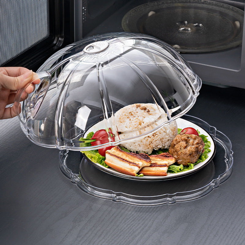 Acrylic microwave splatter cover with transparent base plate and steam vents