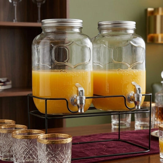 10 litre double glass juice dispenser with two 5L jars and serving taps for beverages. 