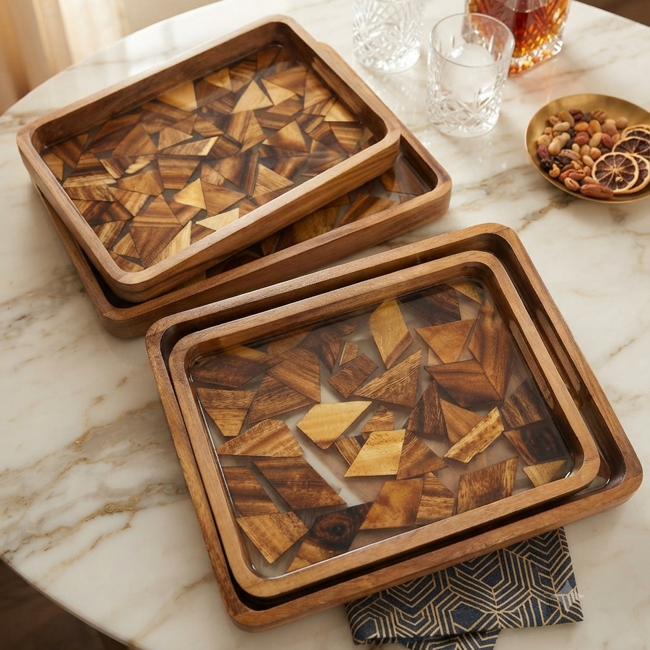 2Pc Elegant Wood Mosaic Serving Tray Set
