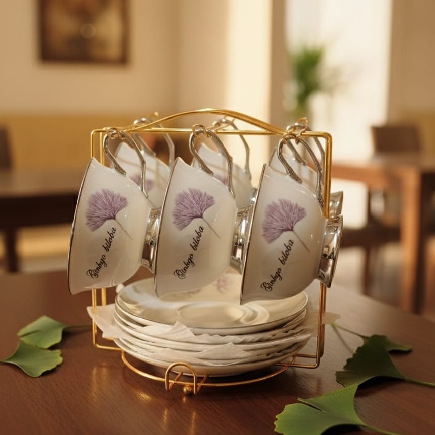 Bone china cup and saucer set with 6 white and silver cups, 6 saucers, and gold display stand.