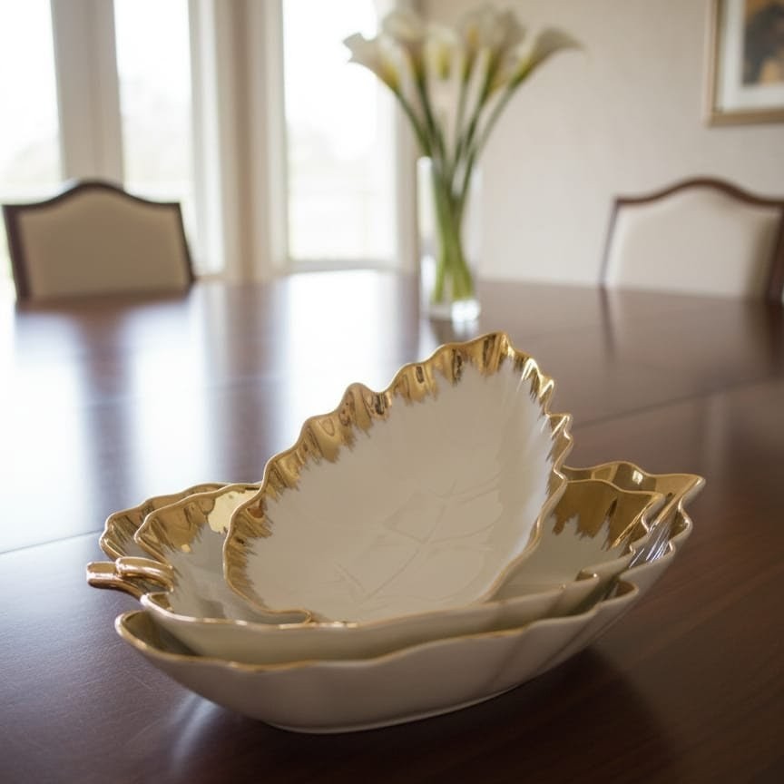 3pc Gold Detail Leaf Bowls