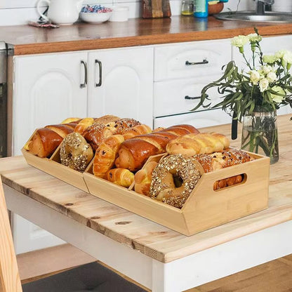 Bamboo pantry organizer storage bin with removable divider, eco-friendly kitchen storage for snacks and essentials. 