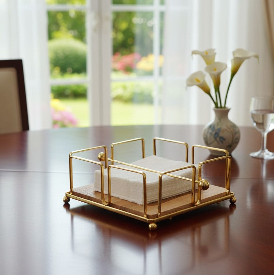 Metallic Serviette Holder With Bamboo Base