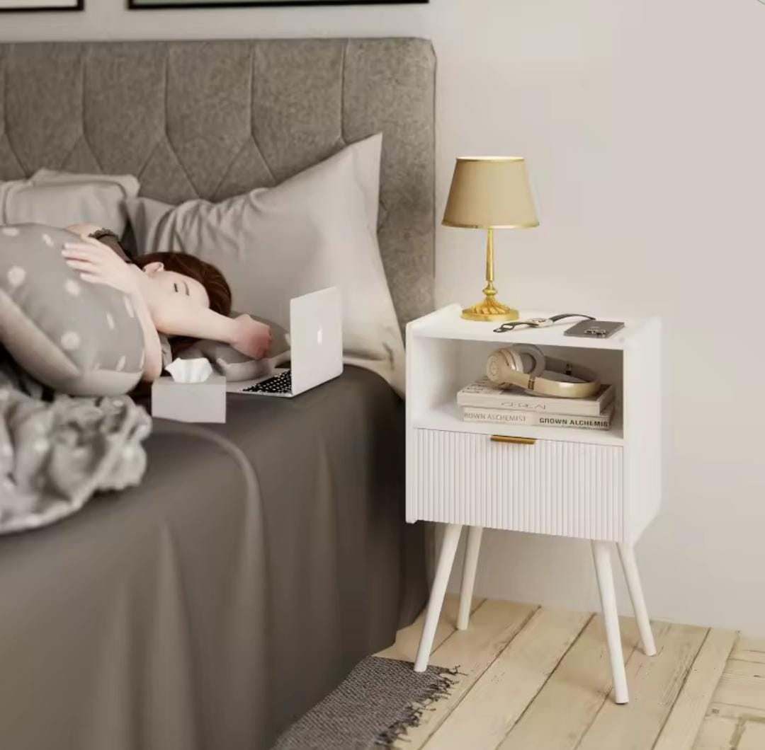 White nightstand with storage drawer and open wood shelf - available in Nairobi, Kenya