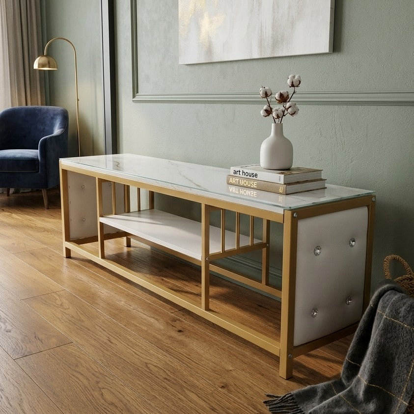 Glass Top TV Stand with Gold Frame