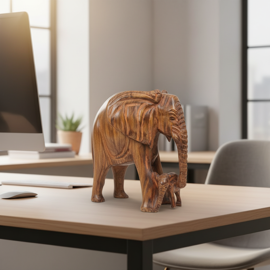 32 cm Wooden Elephant and Calf Carving
