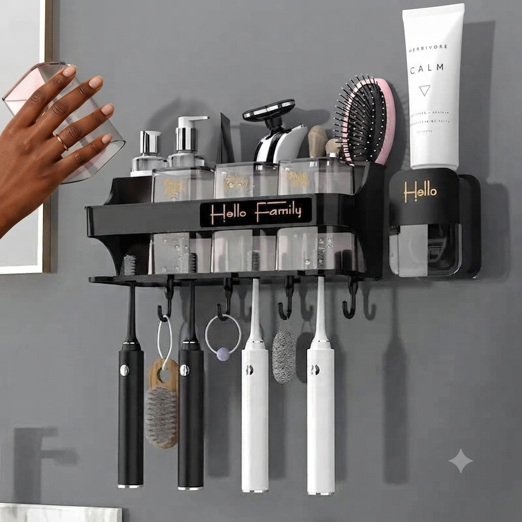 Toothbrush holder and toothpaste dispenser with four cups for organized bathroom storage.