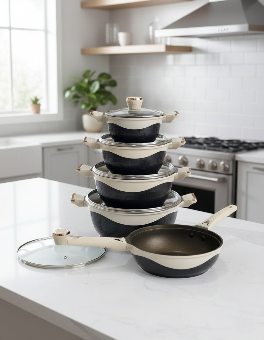 10 piece heavy duty cookware set designed for everyday kitchen use.
