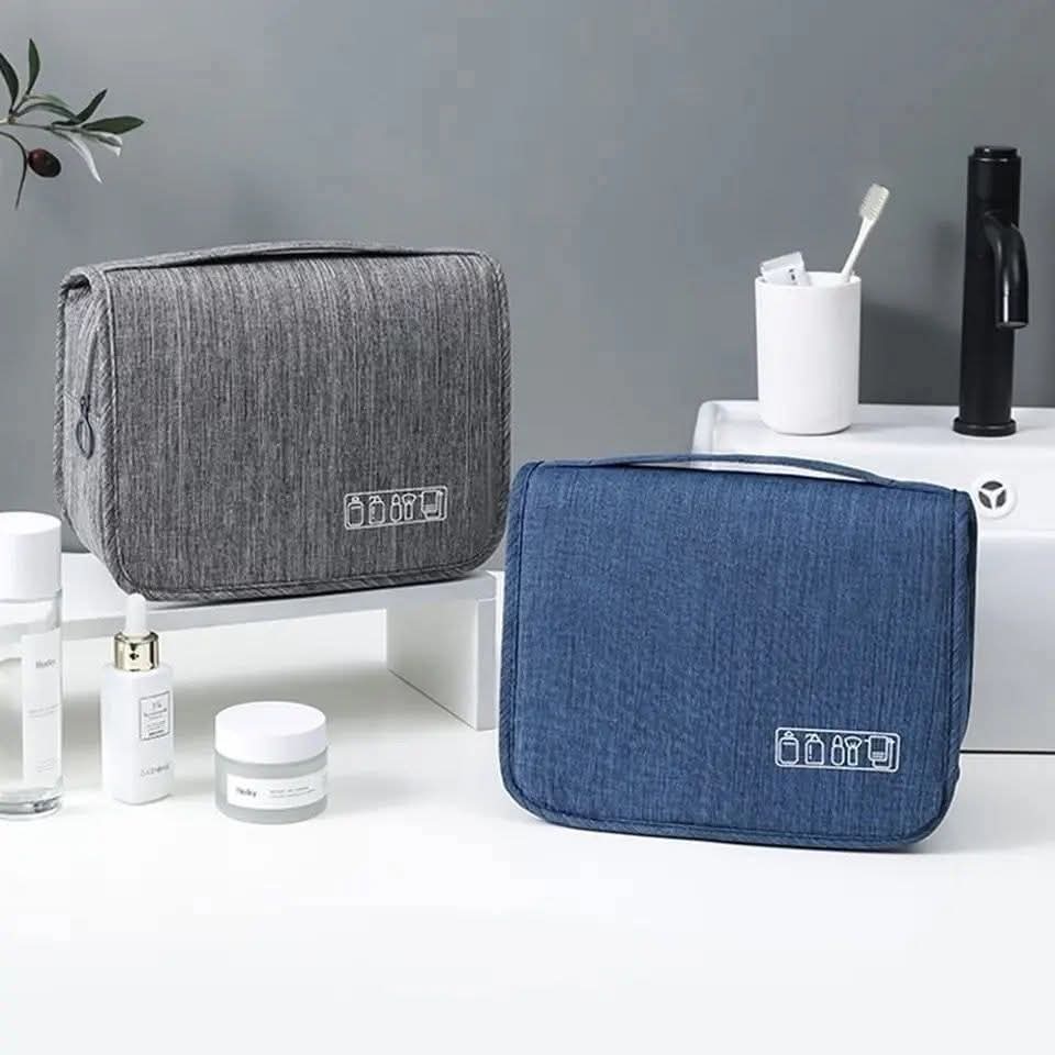 Travel Cosmetic Toiletries Organizer Bag – Portable Storage Pouch in Grey and Navy Blue for Makeup and Travel Use