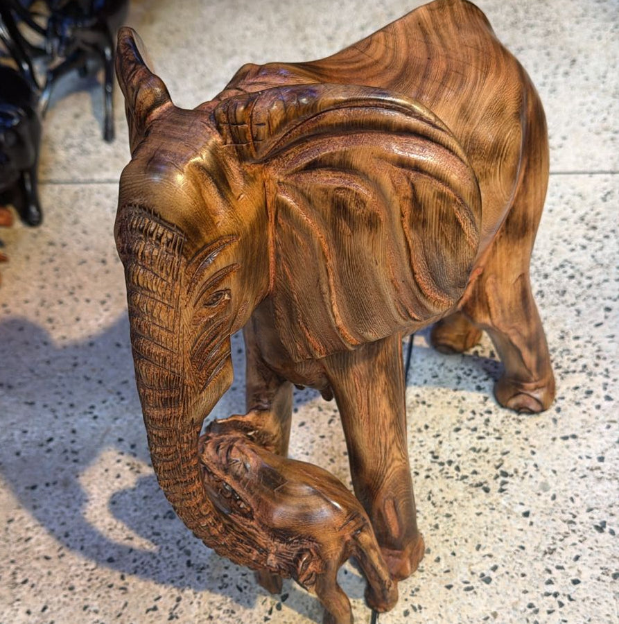 32 cm Wooden Elephant and Calf Carving