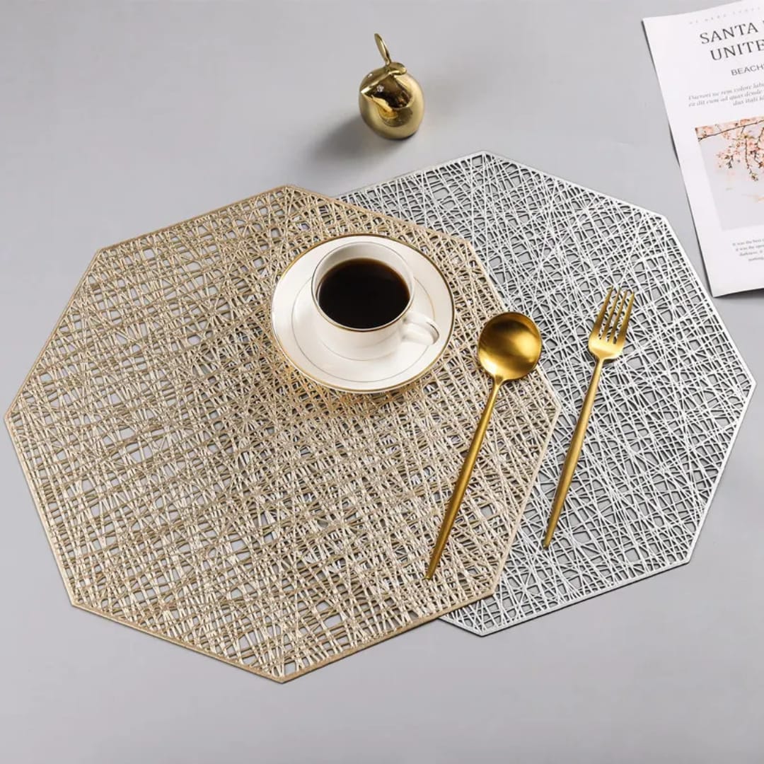 Six-piece PVC non-woven waterproof table mats in gold and silver colors.