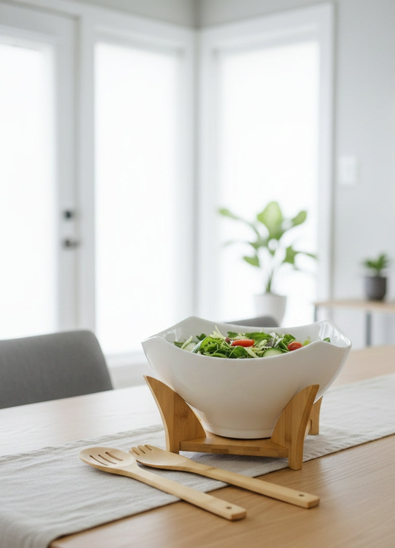 White ceramic salad bowl with bamboo stand and two bamboo spoons.
