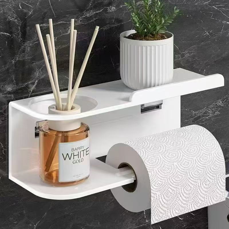 Wall mounted metal toilet paper holder with top shelf for bathroom storage