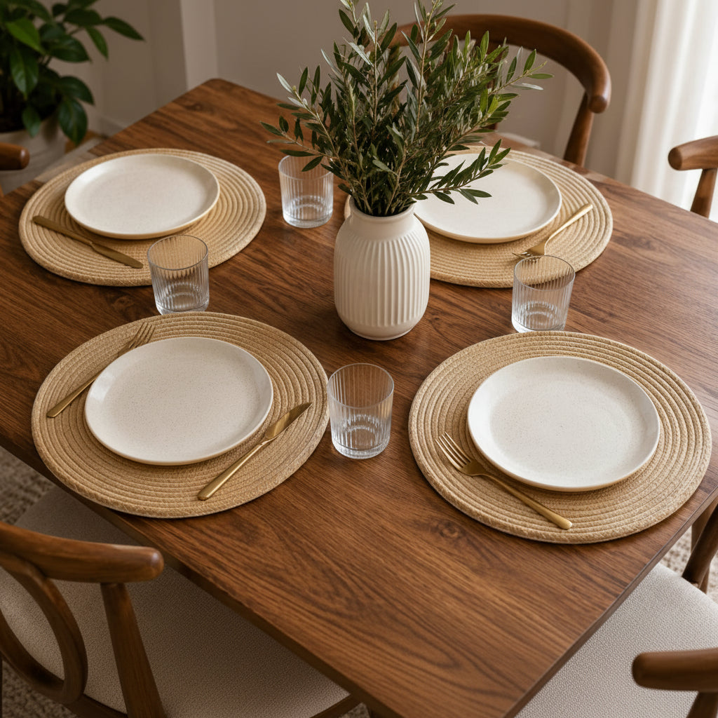 Woven table mats set of 6 round 38cm durable decorative placemats for dining tables console tables coffee tables and home décor.
