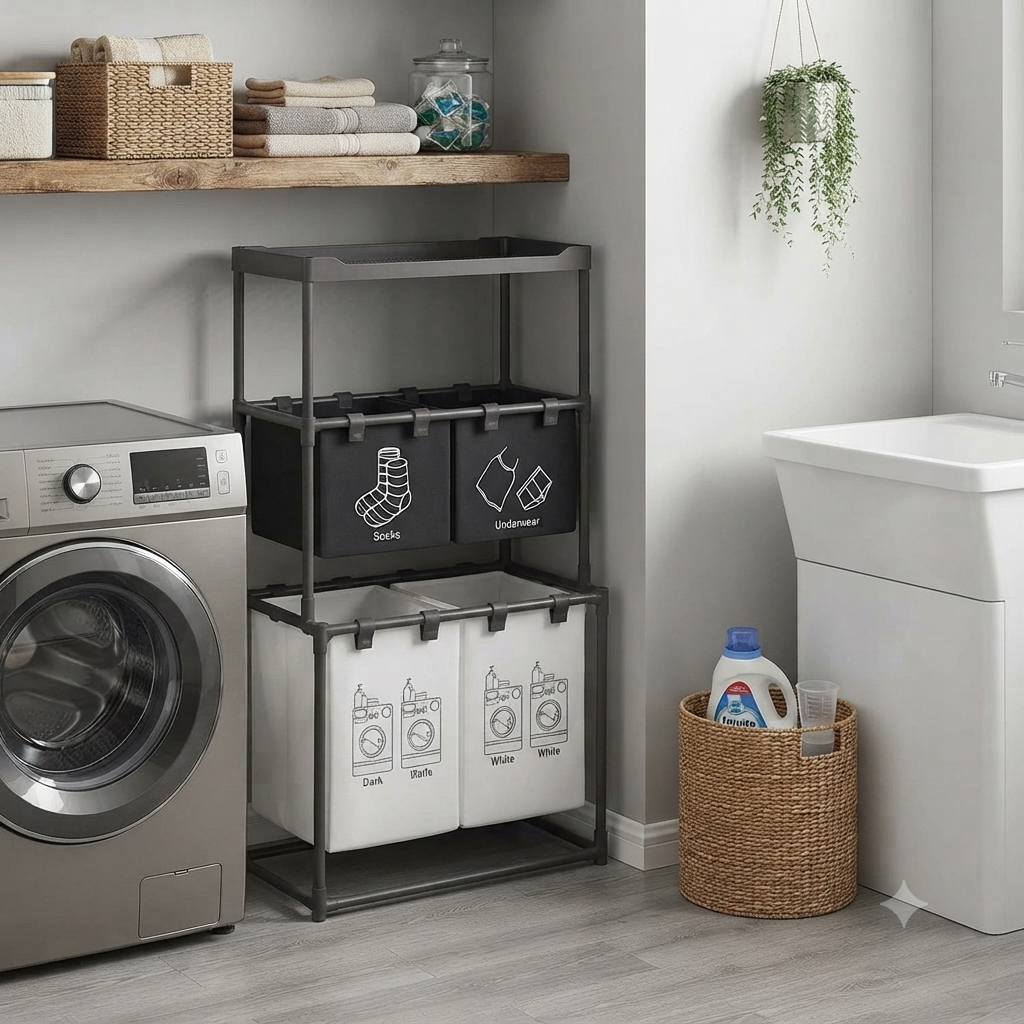 4 Grid Laundry Basket with Storage Rack