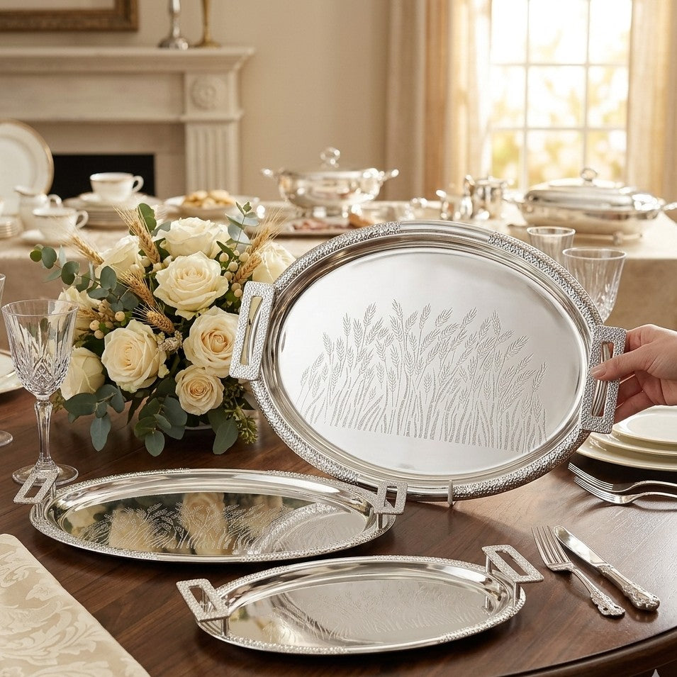 3Pc Antique Round Silver Double Tone Mirror Polished Metal Tray Set