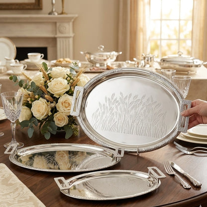 3Pc Antique Round Silver Double Tone Mirror Polished Metal Tray Set