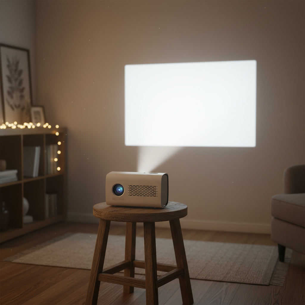 Dawood Lifestyle & Gadgets kes T100 smart Android 9.0 projector with WiFi, Bluetooth, HDMI, USB connectivity, and 16GB storage for home theatre and presentations.