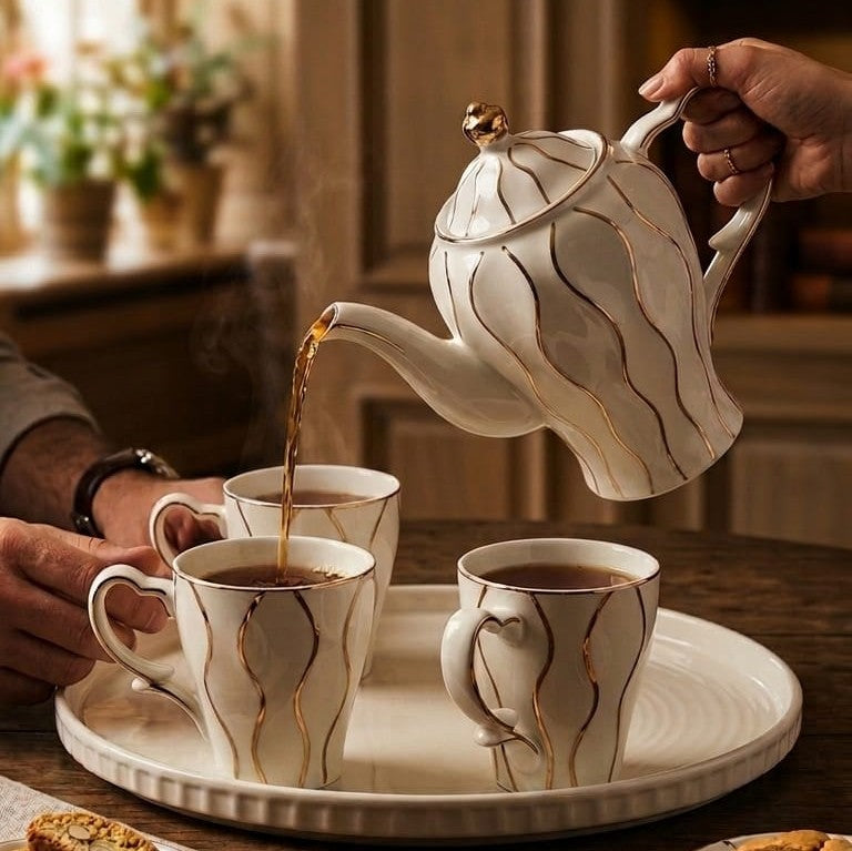 Gold and white ceramic tea set with teapot, cups, and tray for elegant tea serving. 