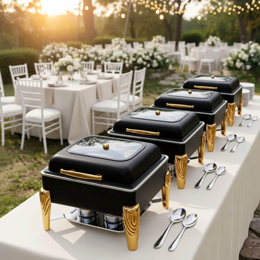 6 litre hydraulic stainless steel chafing dish with tempered glass viewing lid soft close hinge buffet food warmer for hotels restaurants catering and events