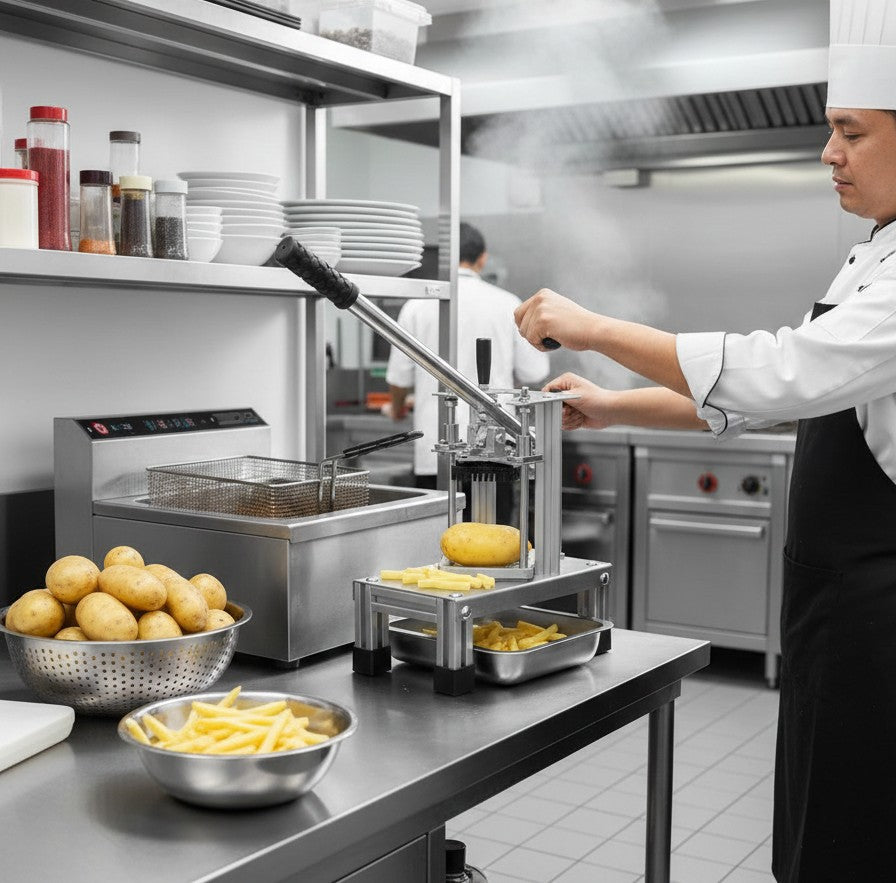 Heavy-duty metallic potato chipper with stainless steel blades for cutting fries evenly