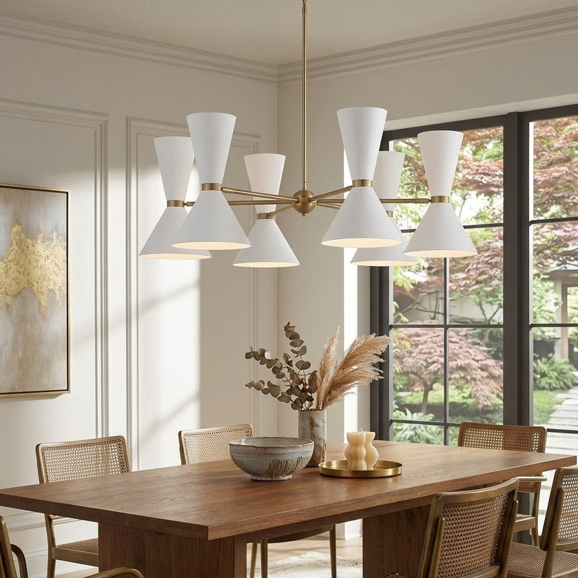 6 Arm Mid Century Hourglass Chandelier Brass and White