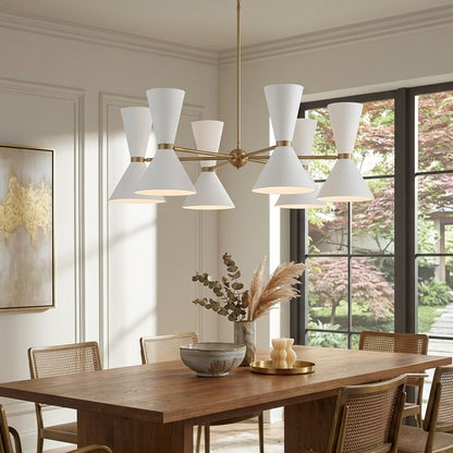 6 Arm Mid Century Hourglass Chandelier Brass and White