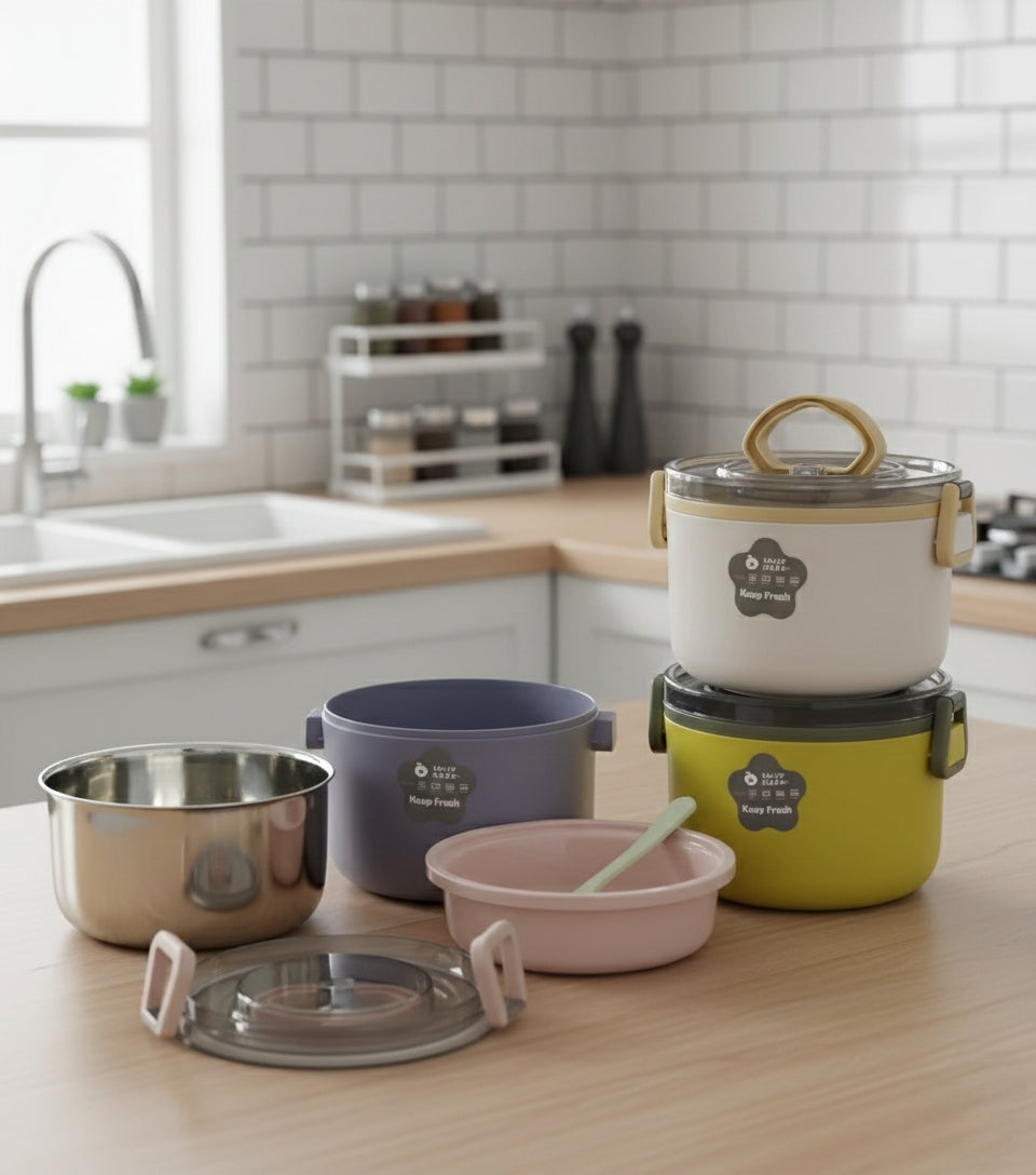 Heated stainless steel round lunch box with clear lid and double insulation