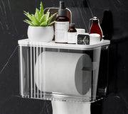 White wall-mounted tissue box with integrated storage tray